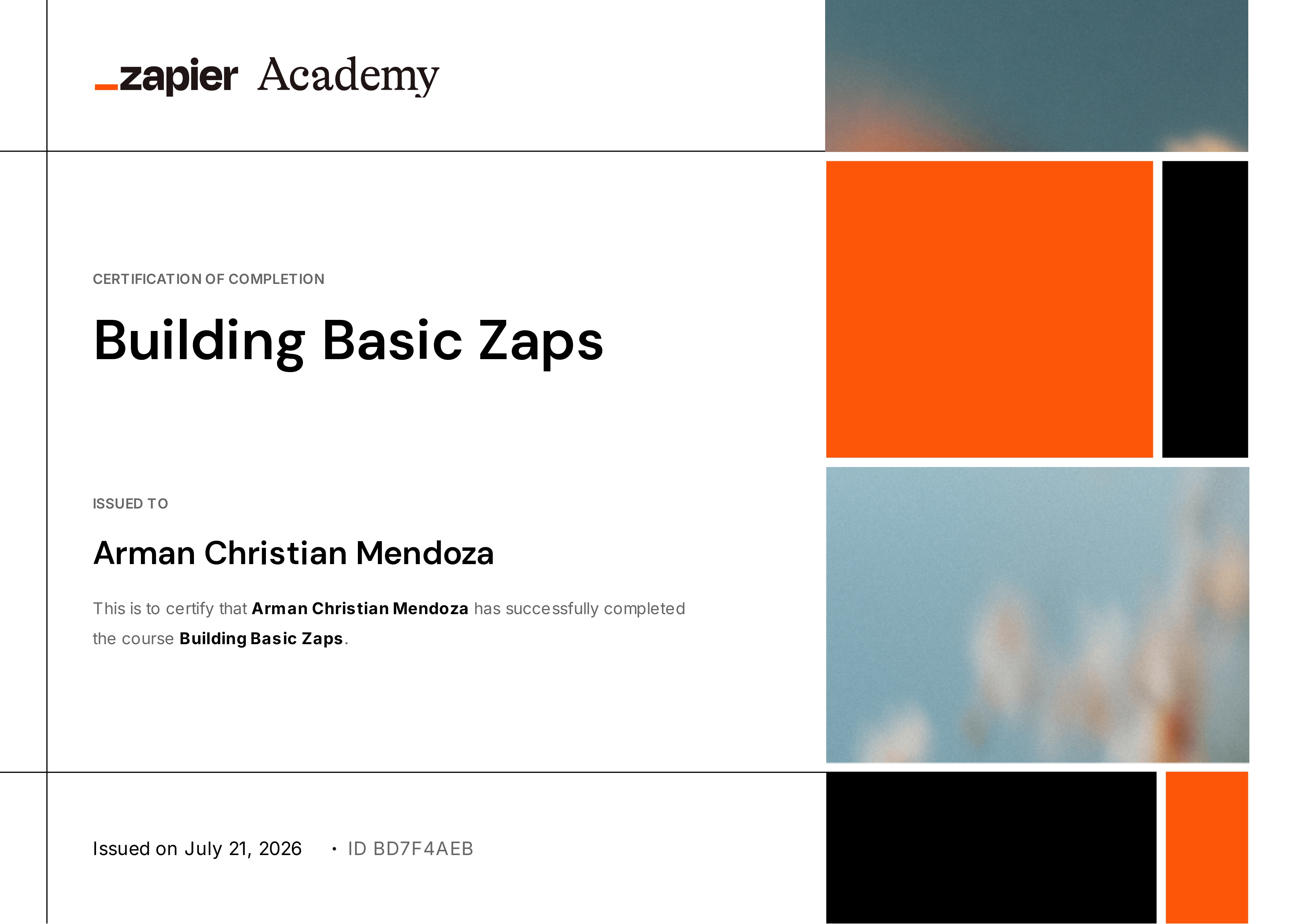 Zapier Building Basic Zaps Certificate