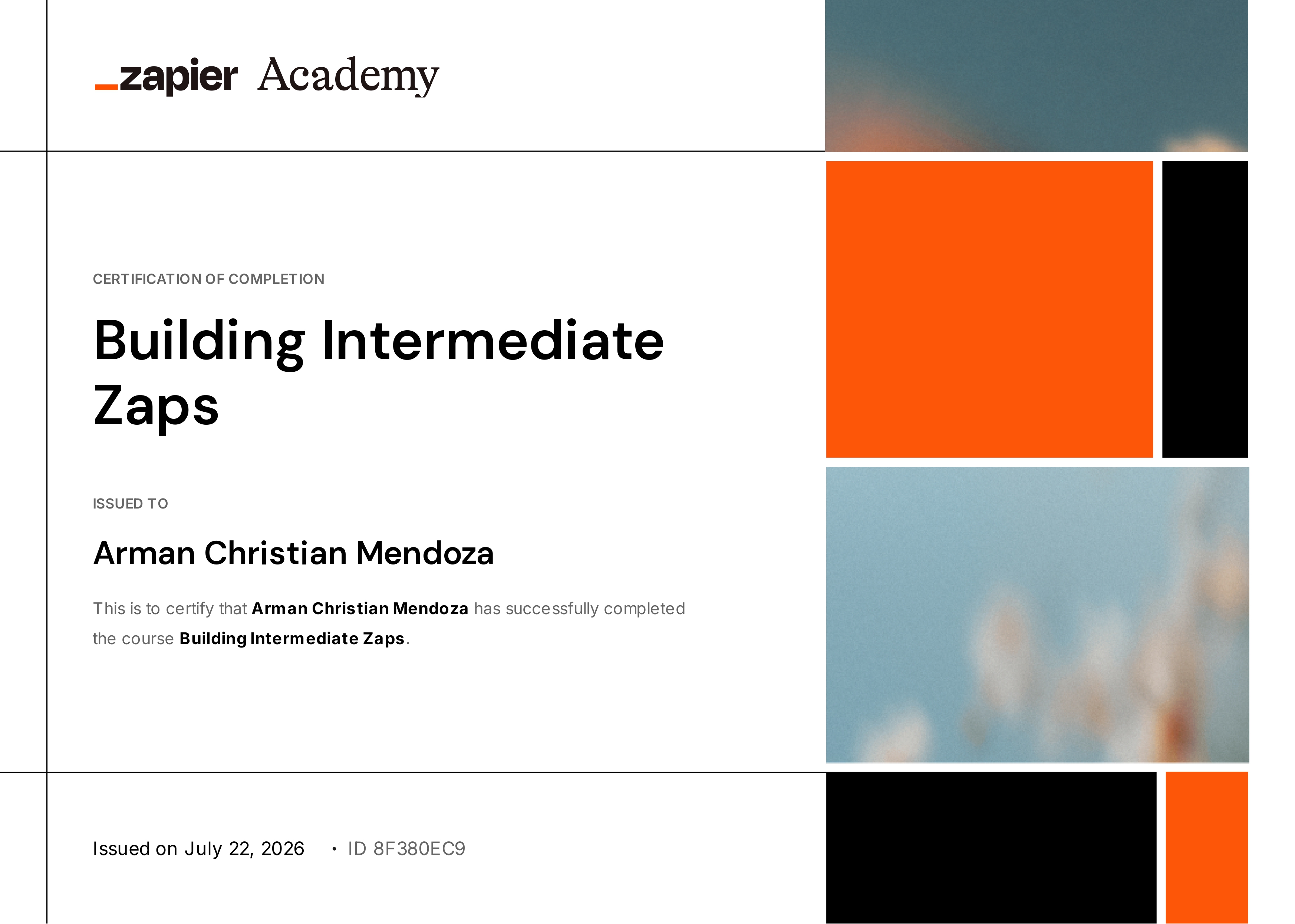 Zapier Building Intermediate Zaps Certificate